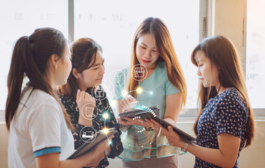 Wall Mural - group of young woman with tablet in hand paying online shopping on virtual interface ai. concept for