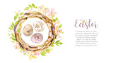 Fototapeta  - Pastel easter template with a nest and eggs in watercolor style