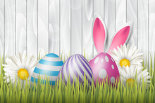 Easter Background With Painted 3d Realistic Eggs In Green Glass And Flowers On White Wooden Backdrop. Vector Illustration.