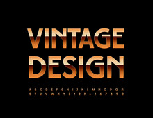 Vector Vintage Design Alphabet Set. Gold Elegant Font. Shiny Chic Letters And Numbers