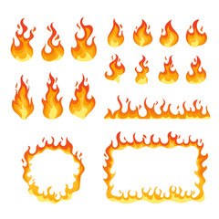Set of Fire, Campfire, Flame Round and Rectangular Borders. Isolated Torch Flame, Burning Bonfire Blaze. Glowing Flare