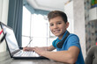 © zinkevych - Joyous kid posing for the camera during his online lesson