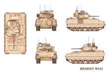 M2A3 Bradley Infantry Fighting Machine. US Army. Vector Illustration. Drawing Front, Top And Rear Views.