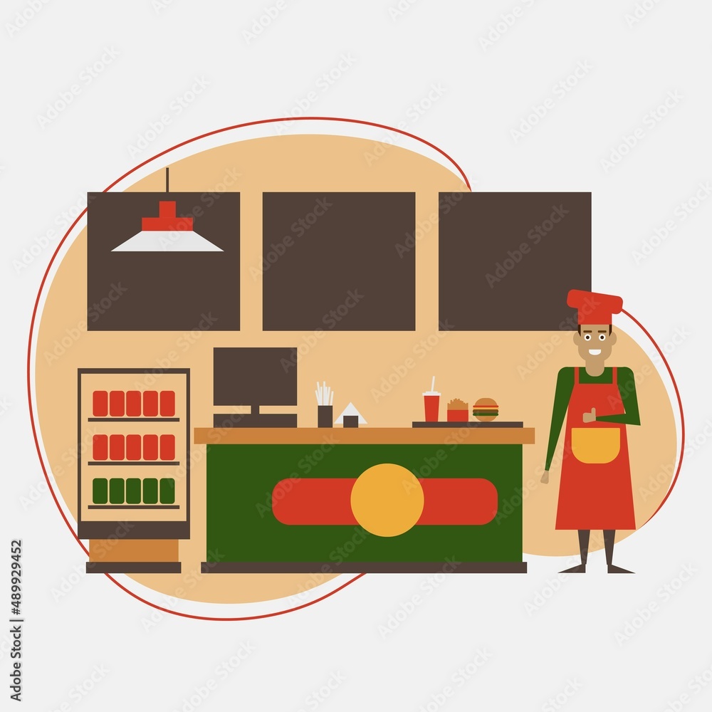 Fast food indoor restaurant and cafe interior with chief holding hot ...