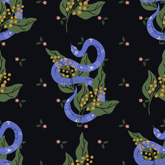 Naklejka na meble Seamless pattern with purple snakes and flowers on a black background. Vector illustration with hand-drawn reptiles.