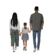 Wall Mural - Little girl with her parents on white background, back view