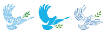 A Set Of Logos Of A Dove, A Symbol Of Peace, An Outline, A Silhouette Inside The Word Peace Is Written In Different European Languages. Poster, Postcard For The International Day Of Peace.
