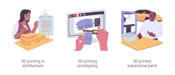 Wall Mural - 3d printing in business isolated cartoon vector illustrations set.