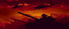 War. Tanks And Helicopters. The Offensive. Tank Columns Are Going On The Attack. Red Sky. Vector Background