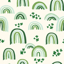 Vector Repeat Pattern With Green Tone Rainbows And Shamrock On Cream Background. Great For Irish Holiday St Patricks Day And Spring Projects
