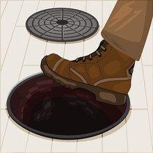 Human Leg On Open Manhole. Man Step In City Sewer Hole. Business Risks, Accident, Pedestrian Safety And Insurance Concept. Careless Man Or Businessman Ignoring Exposed Manhole Or Hole On Ground.Vector