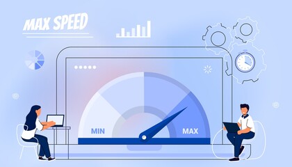 Website loading optimization Page speed and SEO Flat vector concept illustration Website speed Loading time Page optimization Speed test metering dial Slow loading of media content Signal quality