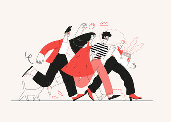 Wall Mural - Startup illustration. Flat line vector modern concept illustration of young people, startup metaphor. Concept of building new business, planning, strategy, teamwork and management, company processes