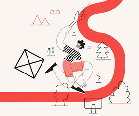 Wall Mural - Startup illustration. Flat line vector modern concept illustration of a young man, startup metaphor. Concept of building new business, planning and strategy, teamwork and management, company processes