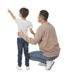 Little boy with his father on white background, back view