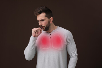 Poster - Sick man coughing on brown background. Cold symptoms