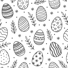 Hand drawn seamless pattern with Easter Eggs. .Happy Easter template with eggs, flowers and leaves. Doodle sketch style. Hand drawn vector illustration.