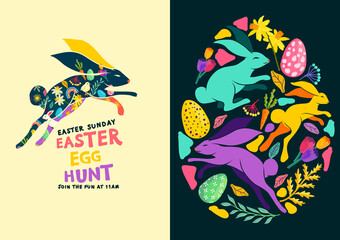 Bright and colourful happy easter egg hunt textures and layouts. Vector illustration.