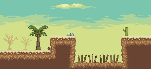 Pixel art desert game scene with palm tree, cactuses, trap 8bit landscape background