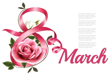 Poster - 8th March illustration with pink and white roses flowers and pink ribbons. International Women's Day. Vector.