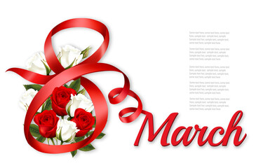 Poster - 8th March illustration with red and white roses flowers and red ribbons. International Women's Day. Vector.
