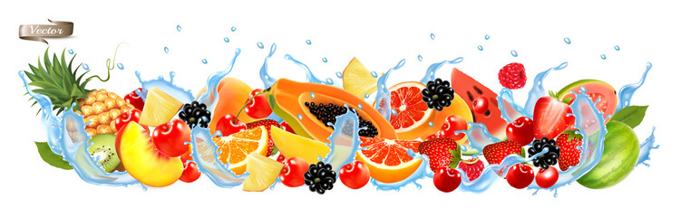 Wall Mural - Fruit and berries in water splash panorama. Strawberry, apple, raspberry, blueberry, blackberry, orange, guava, watermelon, pineapple, mango, peach, grapefruit, papaya. Vector.