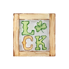 Wall Mural - watercolor illustration of St. Patrick's Day wooden frame with letters LUCK