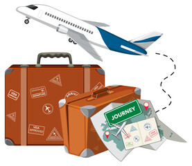 Sticker - Traveling objects with airplane on white background