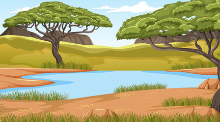 Wall Mural - Savanna forest landscape with lake