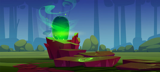 Wall Mural - magic portal in forest on top of stone, mysterious landscape background with glowing gate entrance w
