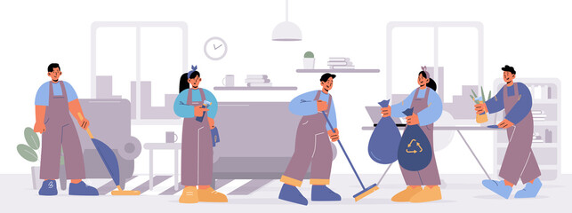 Cleaning service staff work in living room. Vector flat illustration of home interior with professional housework people in uniform with vacuum cleaner, broom, spray and trash bags