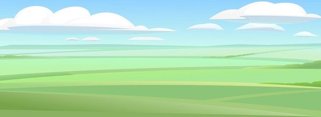 Wall Mural - Agriculture fields on flat terrain. Rural landscape. Horizontal village nature illustration. Cute country hills. Flat style. Vector