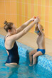 © ninelutsk - Toddler child learning to dive in indoor swimming pool with teacher. Standing on side, balancing and general physical activity for kids in water, early development. Boy kid instructed