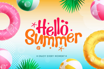 Wall Mural - Summer vector background design. Hello summer text in colorful gradient background with floaters, beach ball and leaves elements for sunny tropical season. Vector illustration.
