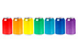 Group of aluminum cans with the colors of the rainbow. Theory of the color. Primary and secondary colors