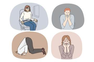 Collection of unhappy terrified people feel scared and frightened. Set of upset anxious men and women struggle with panic attack or anxiety have psychological problems. Vector illustration. 