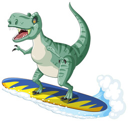 Wall Mural - Tyrannosaurus rex dinosaur on surfboard in cartoon style