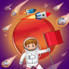 Wall Mural - Astronaut kid in space with Mars planet and comets
