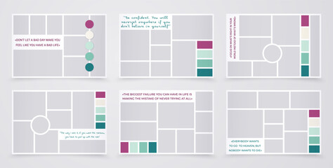 Moodboard template. Collage grid. Mood board layout. Photomontage picture. Set album backgrounds. Mosaic frame with colour palette. Horizontal mockup. Modern photography banner. Vector illustration