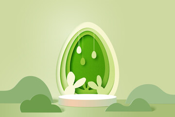 Aufkleber - Happy Easter background.Paper art of easter eggs and rabbit with egg shape.Product display podium mockup, Banner template design.Vector illustration.