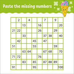 Wall Mural - Paste the missing numbers from 1 to 100. Handwriting practice. Learning numbers for kids. Education developing worksheet. Activity page. Game for children.