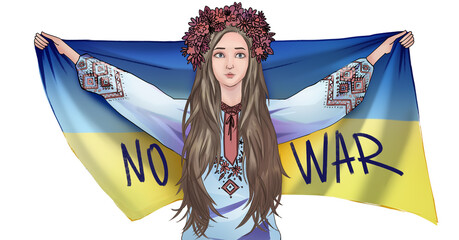 Ukrainian girl with flag in hands inscription illustration concept NO WAR. Conflict with Russia. Ukrainian flag, folk costume. wreath and embroidered shirt against background blue and yellow flag.