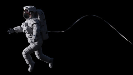 Wall Mural - astronaut with safety cable in outer space, isolated on black background