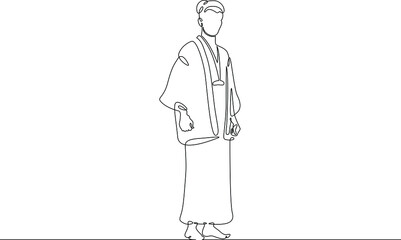 One continuous line.Japanese man character in traditional folk national clothes yukata and hakama. National clothes of Japan.Continuous line drawing.Line Art isolated white background.