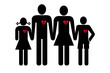 Symbol einer Familie mit Vater, Mutter, Sohn und Tochter und einem Symbol für das Herz bzw. EKG