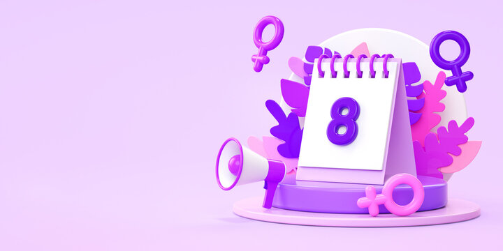 March 8 Women's Day platform with calendar and floral ornaments for flyer background in 3D render. International feminism, independence, sisterhood, empowerment and activism for women rights