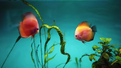 Wall Mural - oceanarium tropical fish discus swim in a glass aquarium