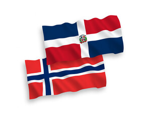 National vector fabric wave flags of Norway and Dominican Republic isolated on white background. 1 to 2 proportion.