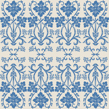 Seamless Pattern In Ivory Ang Blue, Vintage Victorian Floral Ornament Of Wild Flowers, Scrolls And Swirls