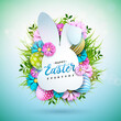 Vector Illustration of Happy Easter Holiday with Painted Egg and Spring Flower on Shiny Light Blue Background. International Celebration Design with Rabbit Shape and Typography for Greeting Card
